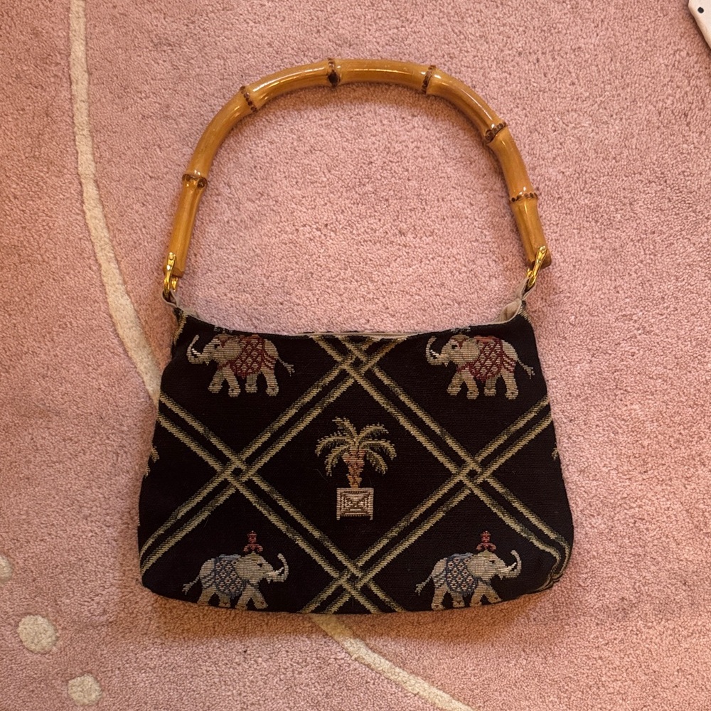 Elegant Elephant Patterned Shoulder Bag with Bamboo Handle